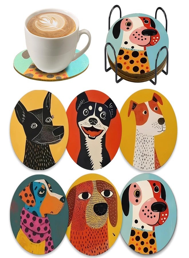 IIDEA Set of 6 Wood Coasters with Holder,Funny Cute Dog Drink Cup Wooden Coasters for Table Protection Absorbent Cork Base Farmhouse Housewarming Gifts,Heat-Resistant - Image 1